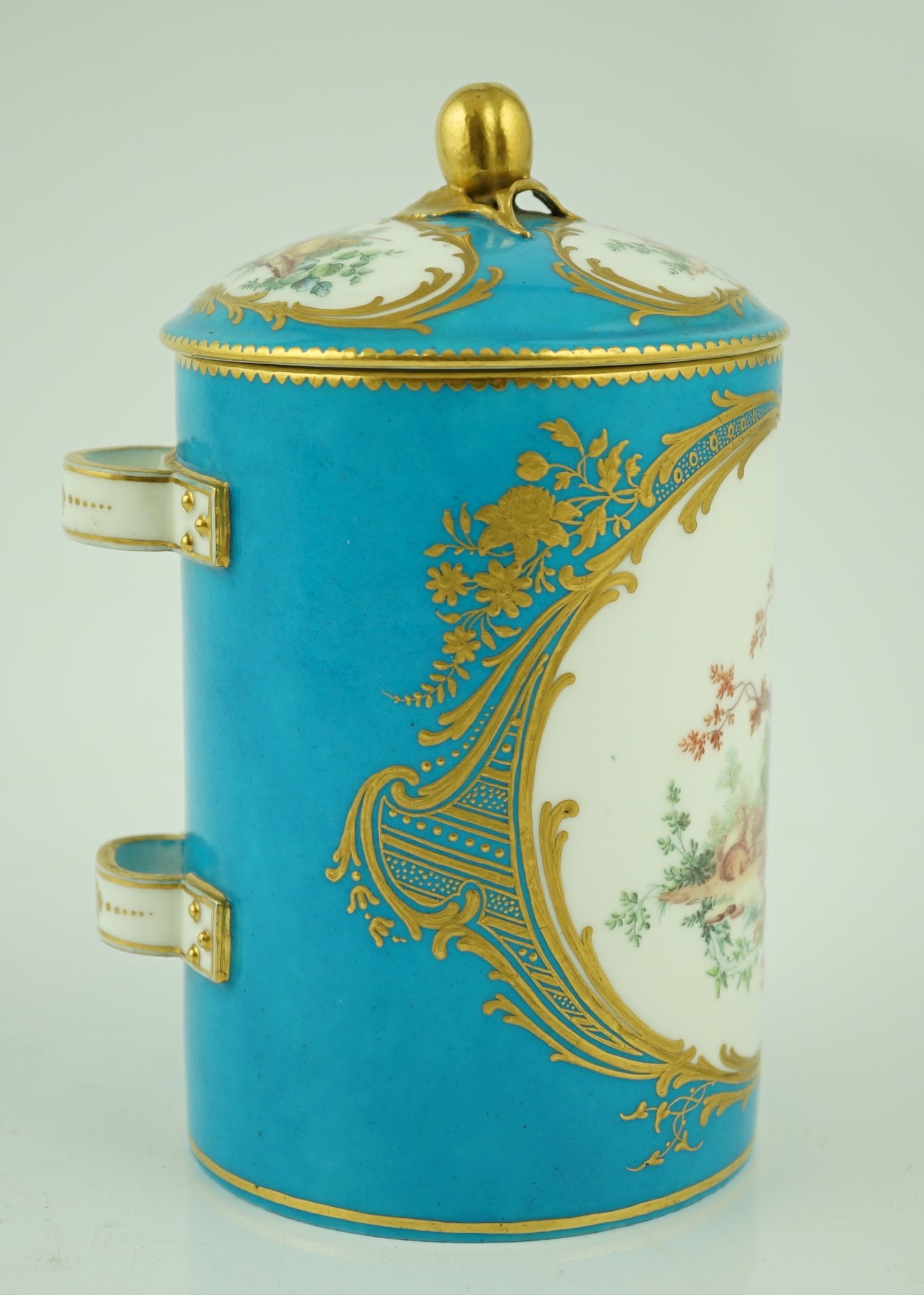 A Sevres bleu-celeste ground tobacco jar and cover (Pot à tabac), date code for 1759